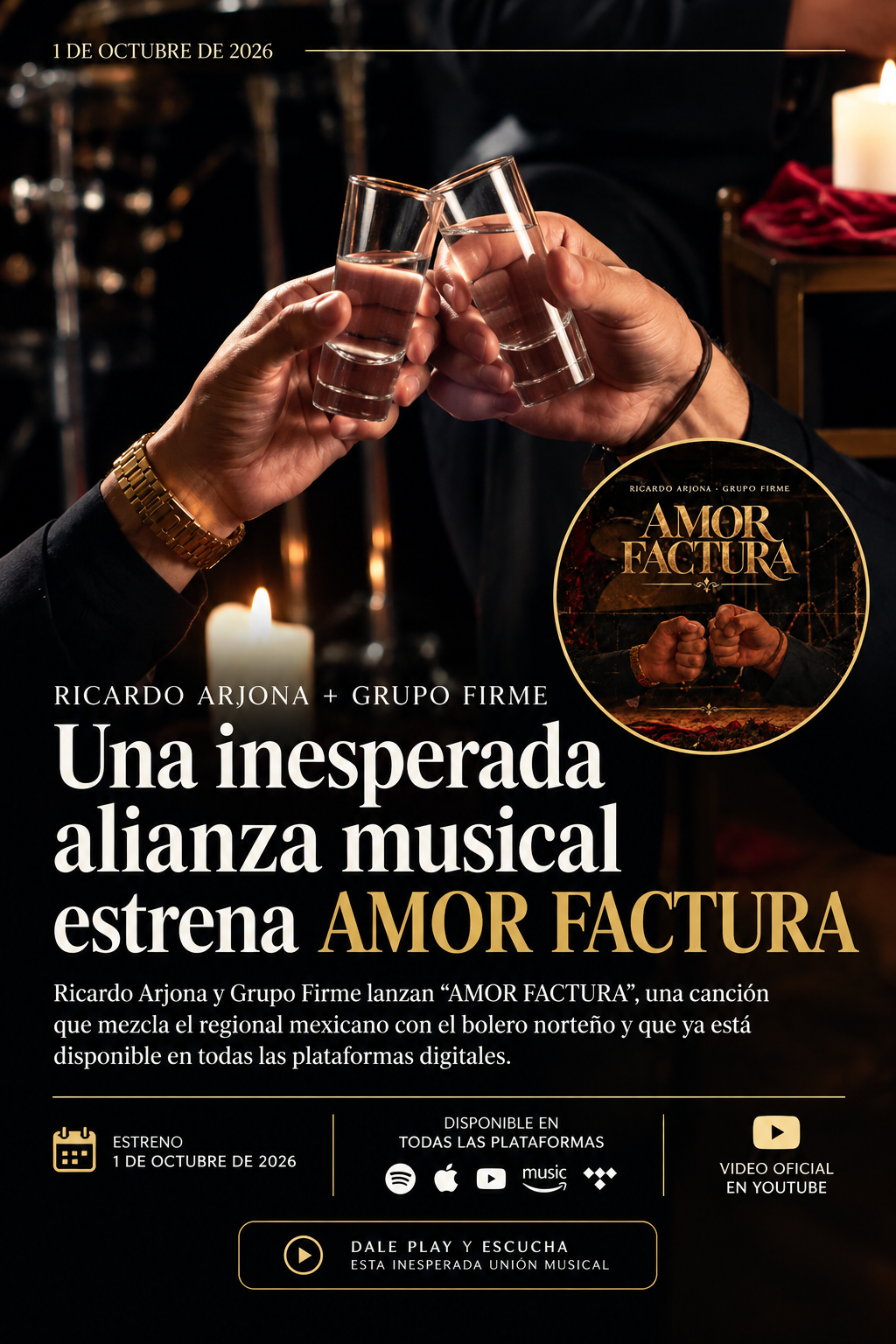 Ricardo Arjona y Grupo Firme sorprenden con “AMOR FACTURA”, una canción que convierte el desamor en una incómoda historia